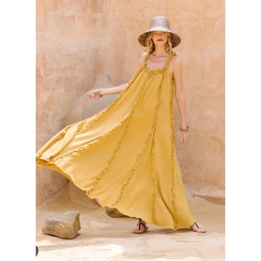 Free People Mckinley Ruffle Maxi Dress, Boho Chic Summer Staple, Banana Yellow S - Picture 1 of 10